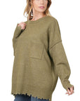 Zenana Distressed Melange Oversized Sweater - Online Only