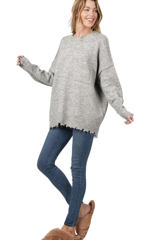 Zenana Distressed Melange Oversized Sweater - Online Only