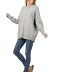 Zenana Distressed Melange Oversized Sweater - Online Only