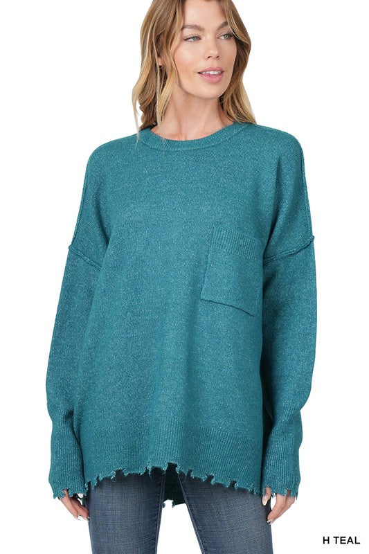 Zenana Distressed Melange Oversized Sweater - Online Only