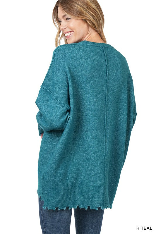 Zenana Distressed Melange Oversized Sweater - Online Only