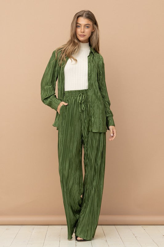 Blue B Pleated Blouse Brown or Olive Pants Set - Online Only