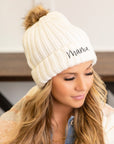 Mama Embroidered Faux Fur Pom Beanie Cap