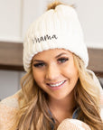 Mama Embroidered Faux Fur Pom Beanie Cap