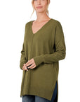 Zenana Hi Low V-Neck Seam Sweater - Online Only