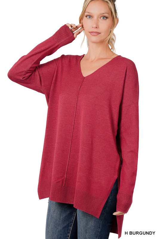 Zenana Hi Low V-Neck Seam Sweater - Online Only