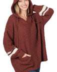 Zenana Hooded Front Pocket Popcorn Sweater - Online Only