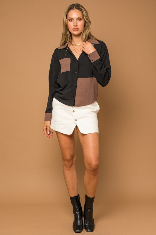 Gilli Long Sleeve Contrast Button Down Top - Online Only