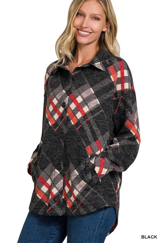 Zenana Jacquard Plaid Shacket with Pockets - Online Only