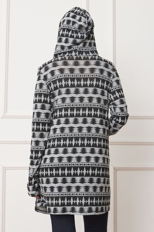 Plus Long Tribal Print Hooded Cardigan