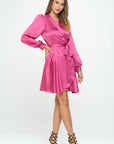 Renee C. Stretch Satin Long Sleeve Wrap Dress with Belt