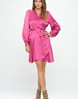 Renee C. Stretch Satin Long Sleeve Wrap Dress with Belt