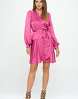 Renee C. Stretch Satin Long Sleeve Wrap Dress with Belt