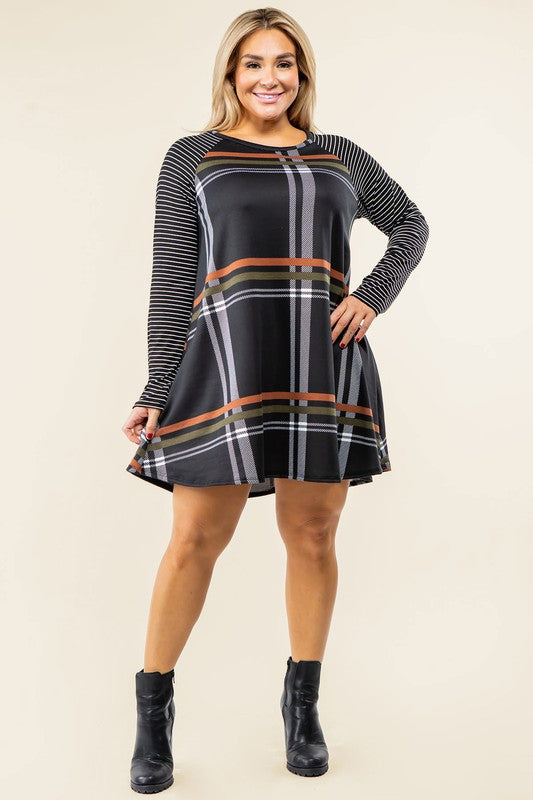 Plus Stripe Sleeve A- Line Mini Dress