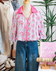 Floral Collared V-Neck Ruffle 3/4 Sleeve Shirt
