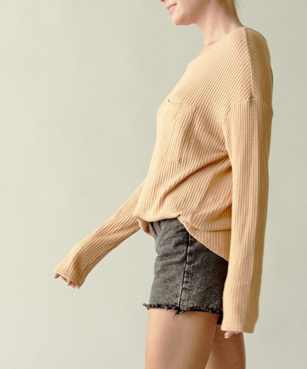 Fabina Bamboo Waffle Long Sleeve Pullover Top