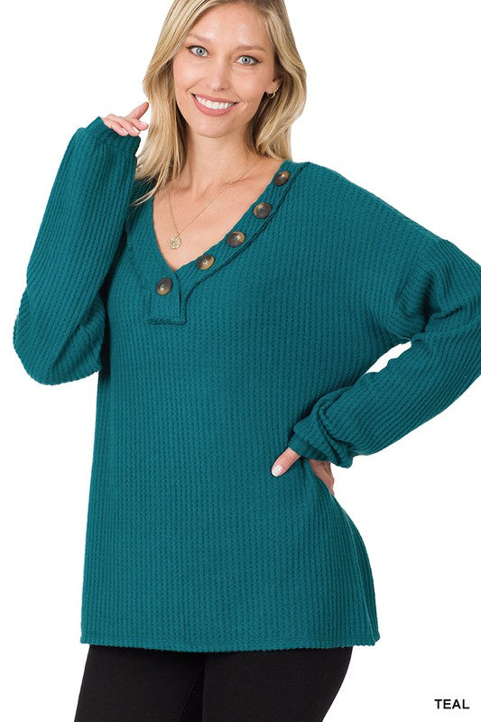 Zenana Brushed Thermal Waffle Button Detail Sweater - Online Only