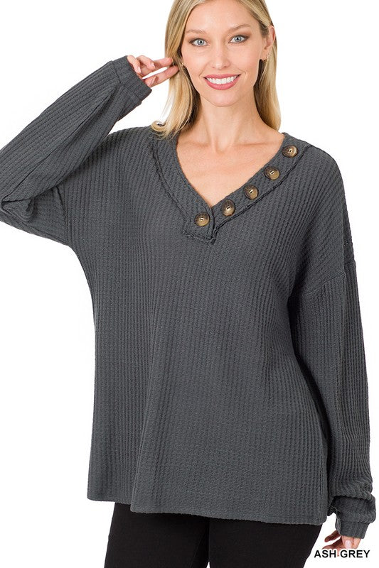 Zenana Brushed Thermal Waffle Button Detail Sweater - Online Only