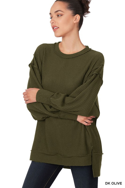 Zenana Brushed Waffle Oversized Exposed Seam Sweater - Online Only