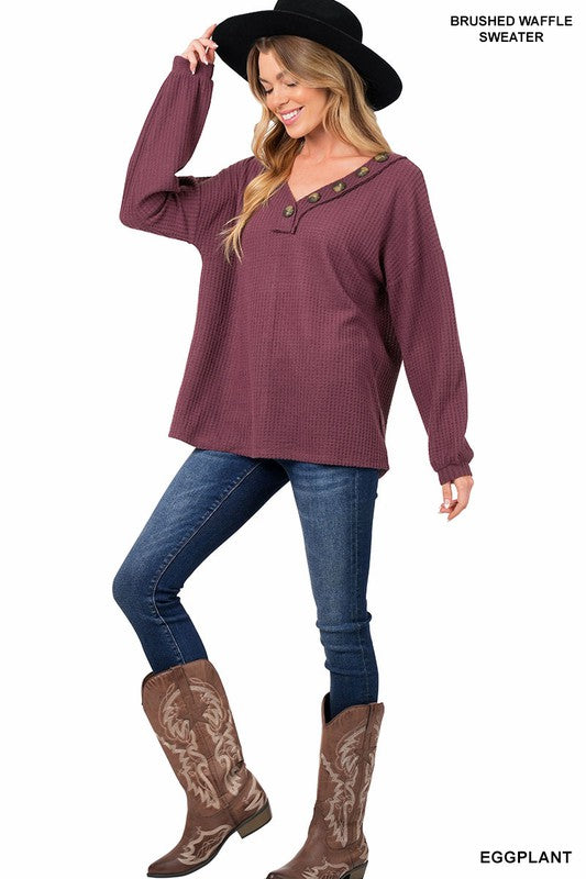 Zenana Brushed Waffle V-Neck Sweater - Online Only