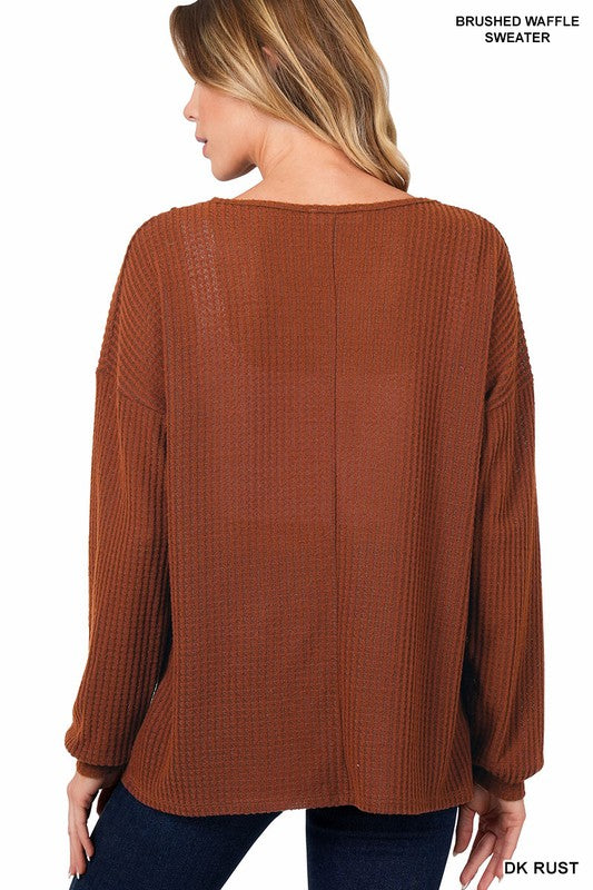 Zenana Brushed Waffle V-Neck Sweater - Online Only