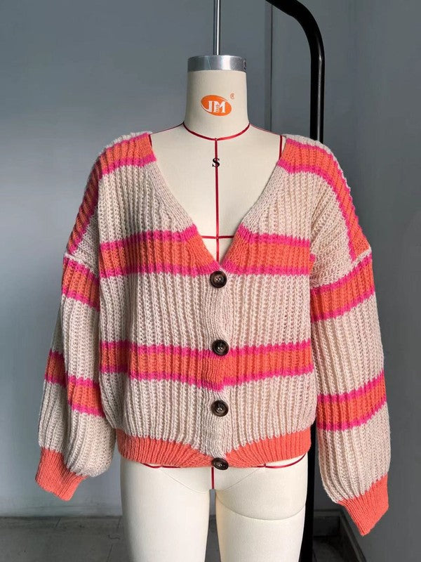 Striped Ribbed Knit Button Front Cardigan