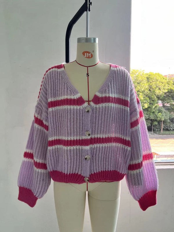 Striped Ribbed Knit Button Front Cardigan