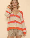 Striped Ribbed Knit Button Front Cardigan