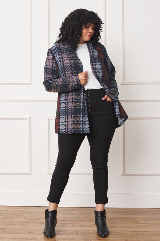 Plus Multi Color Plaid Elbow Patch Cardigan