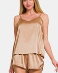 Zenana V-Neck Satin Cami and Elastic Waist Shorts Lounge Set