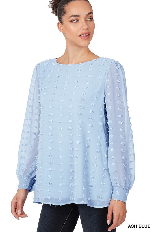 Zenana Swiss Dot Round Neck Blouse - Online Only