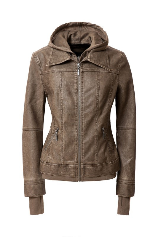 Women&#39;s Hooded PU Leather Jacket