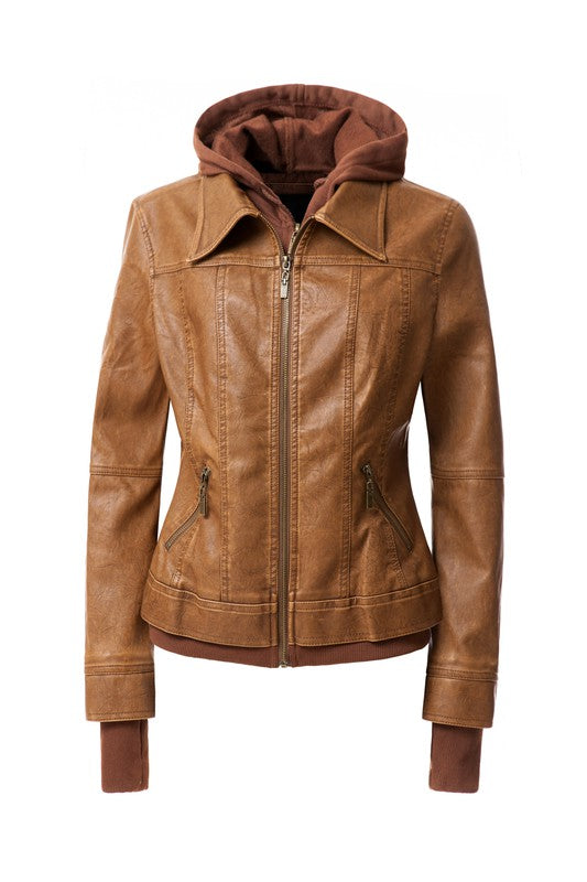 Women&#39;s Hooded PU Leather Jacket
