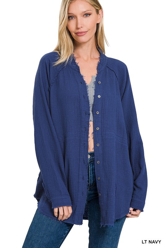 Zenana Button Down Raw Edge Shirt - Online Only