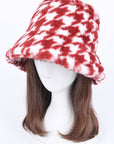 Houndstooth Print Faux Fur Bucket Hat