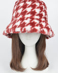 Houndstooth Print Faux Fur Bucket Hat