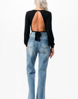 O2 Denim Romantic V-Neck Balloon Sleeve Tie-Back Bodysuit