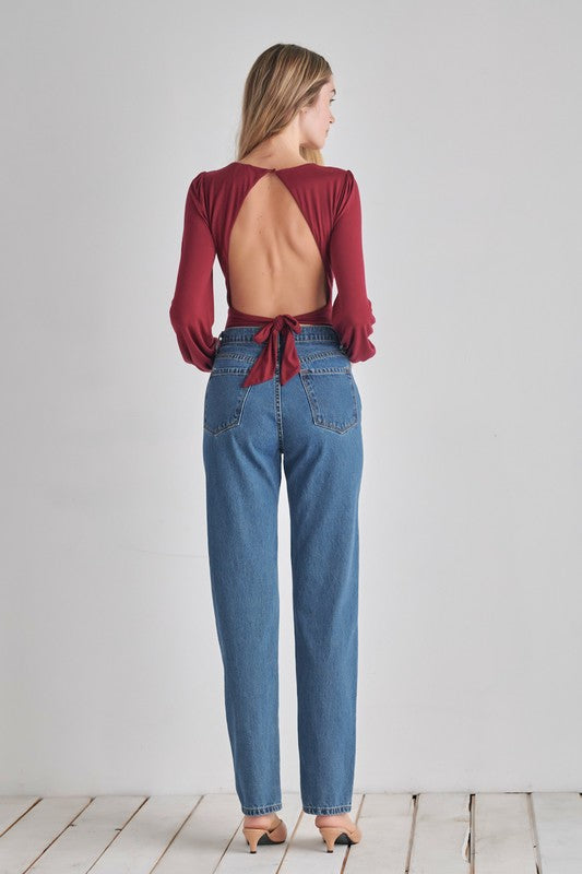 O2 Denim Romantic V-Neck Balloon Sleeve Tie-Back Bodysuit