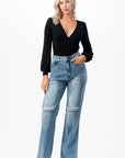 O2 Denim Romantic V-Neck Balloon Sleeve Tie-Back Bodysuit