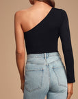 O2 Denim Asymmetrical Sleeve Knit Top