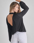 O2 Denim Backless Cowl Twist Back Long Bubble Sleeve Top