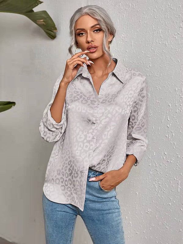 Miss Sparkling Satin Leopard Print Button Down Shirt
