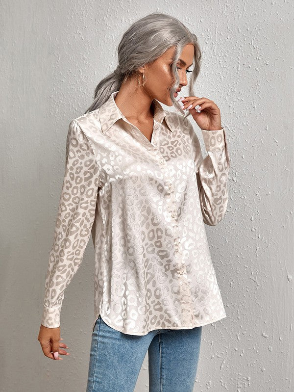 Miss Sparkling Satin Leopard Print Button Down Shirt