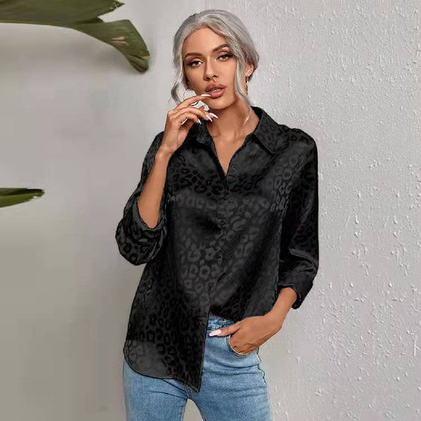 Miss Sparkling Satin Leopard Print Button Down Shirt