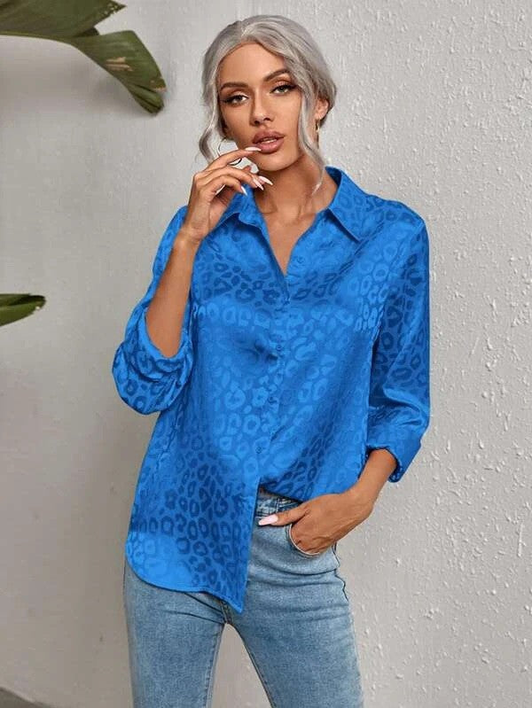 Miss Sparkling Satin Leopard Print Button Down Shirt
