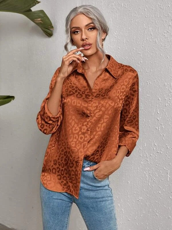Miss Sparkling Satin Leopard Print Button Down Shirt