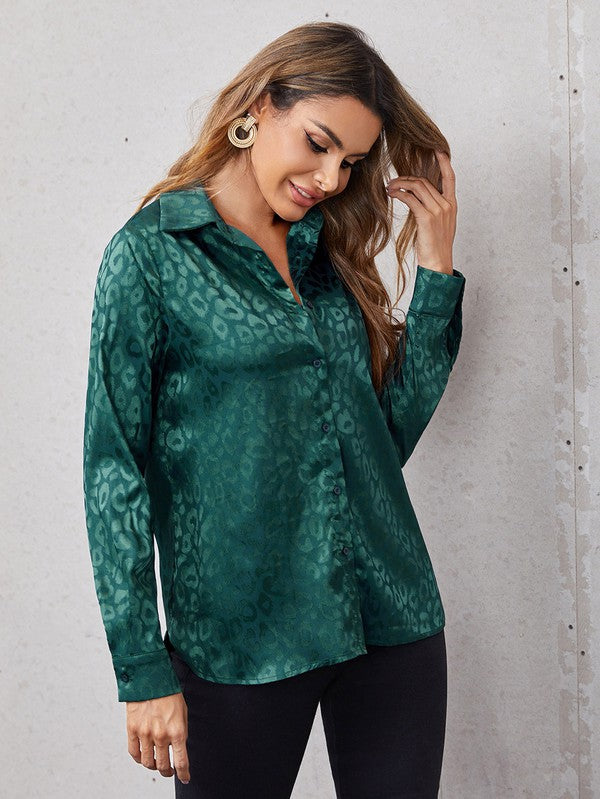 Miss Sparkling Satin Leopard Print Button Down Shirt