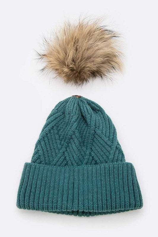 Raised Knit Large Fur Pom Beanie