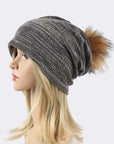 Faux Fur Pom Cotton Blend Slouchy Beanie