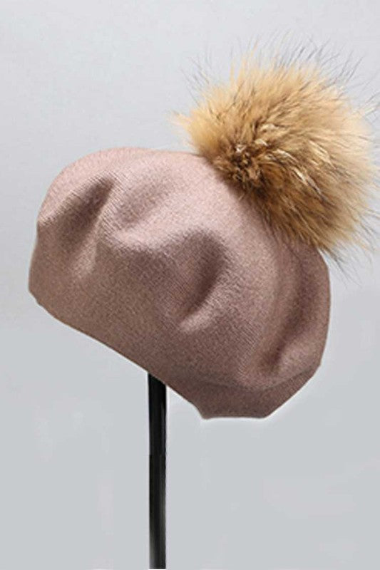 Genuine Fur Pom store Cashmere Beret - Beige